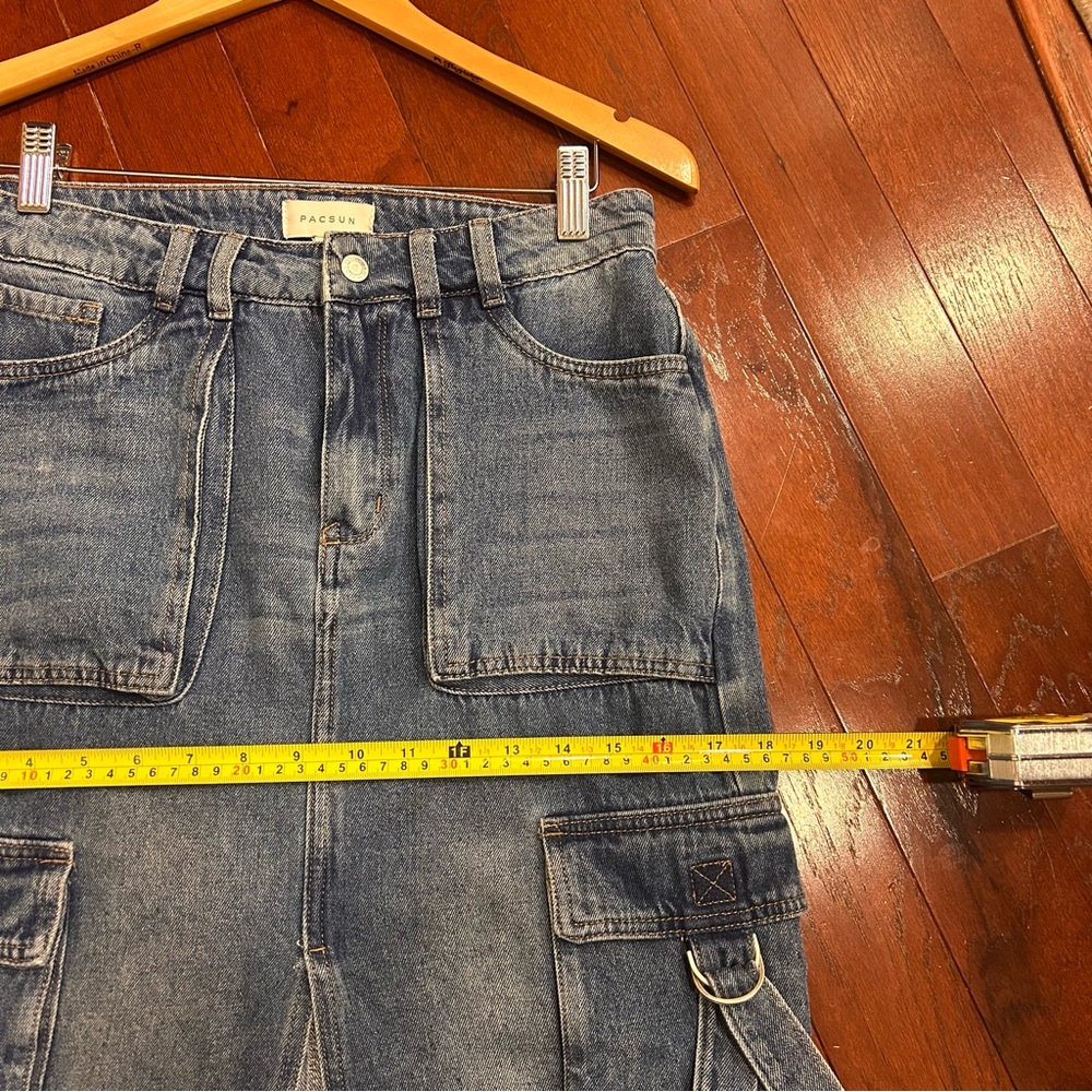 Pacsun Indigo Cargo Midi Skirt size Small high-rise stretchy material front slit - Picture 8 of 10